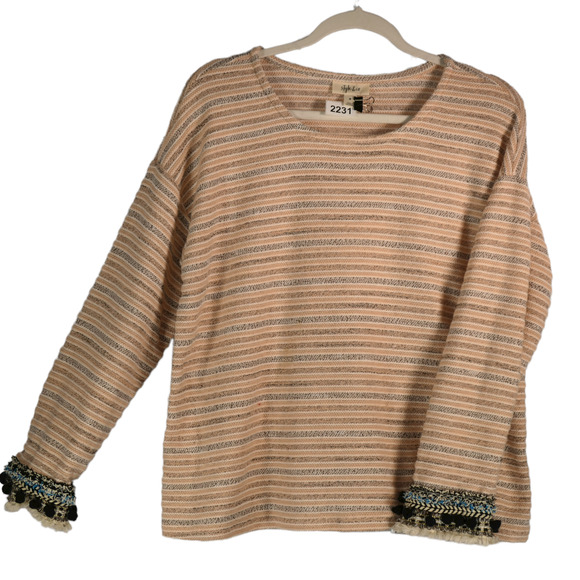 Style & Co Boho Sweater Womens Medium Peach & Gray Pompom Sleeves Cotton Blend - Picture 2 of 12